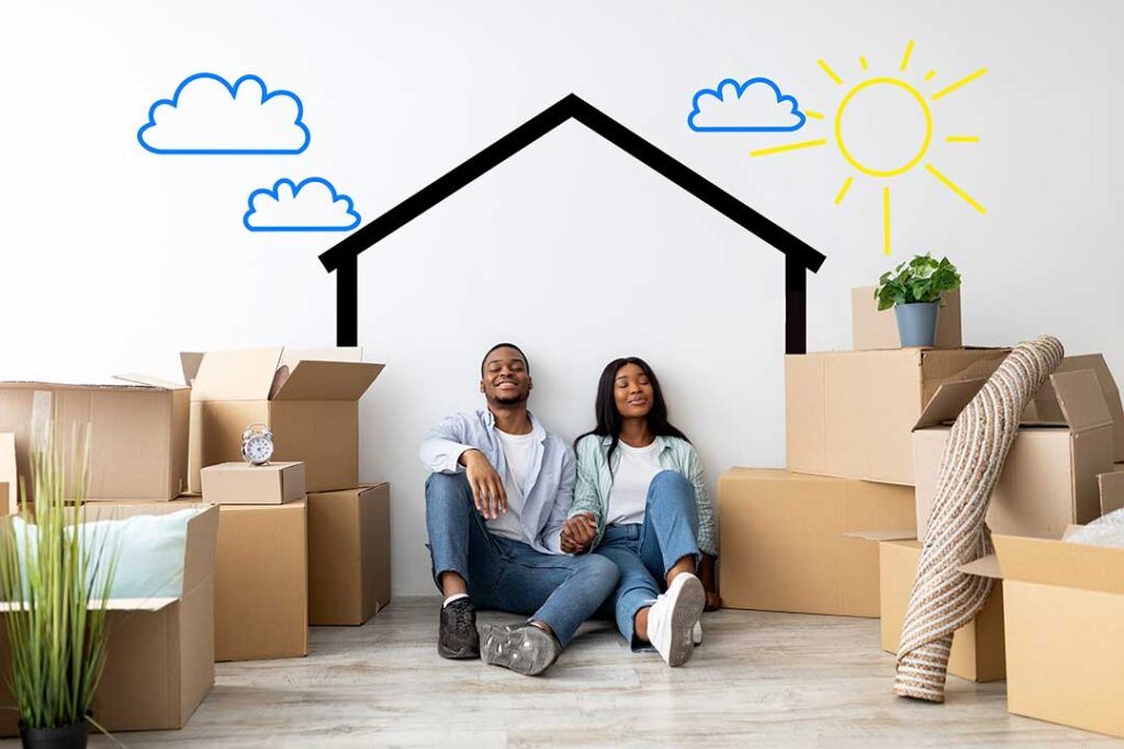 People label moving boxes beside a calendar, packing supplies, and a neatly organized living room.