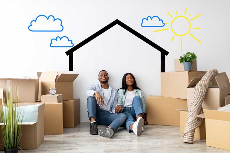 People label moving boxes beside a calendar, packing supplies, and a neatly organized living room.